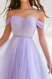 Off The Shoulder A Line Lilac Tulle Prom Dress
