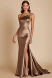 One Shoulder Mermaid Coffee Formal Dress With Slit