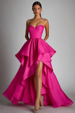 Strapless Hot Pink A Line High-Low Prom Dress