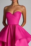 Strapless Hot Pink A Line High-Low Prom Dress