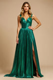 Metallic Dark Green A Line Prom Dress With Slit