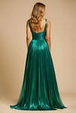 Metallic Dark Green A Line Prom Dress With Slit