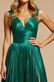 Metallic Dark Green A Line Prom Dress With Slit