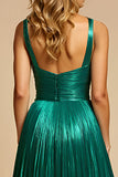 Metallic Dark Green A Line Prom Dress With Slit