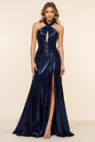 Metallic Halter Navy A Line Prom Dress With Slit