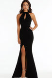 Halter Mermaid Satin Black Tie Dress With Slit