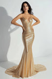 Sparkly Mermaid Gold V Neck Prom Dress