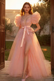 Pink A Line Tulle Prom Dress With Slit