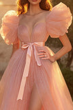 Pink A Line Tulle Prom Dress With Slit