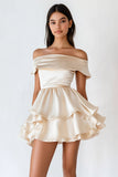 Champagne Off The Shoulder Tiered Mini Dress With Ruffles