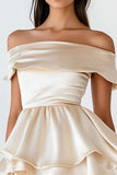 Champagne Off The Shoulder Tiered Mini Dress With Ruffles