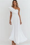 One Shoulder A Line Ruffled White Party Dress