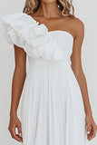 One Shoulder A Line Ruffled White Party Dress