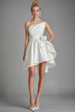 One Shoulder Ivory A Line Mini Dress With Bows