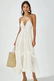 White A Line Spaghetti Straps Party Dress With Lace