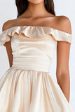 Off The Shoulder A Line Satin Champagne Mini Dress