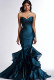 Strapless Navy Mermaid Prom Dress With Ruffles
