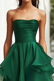 Green Strapless A Line High-Low Prom Dress with Ruffles
