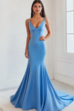 Mermaid Blue V Neck Satin Long Prom Dress