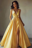 Yellow A Line Satin V Neck Prom Dress with Slit