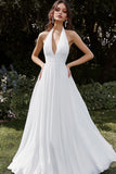 Halter White A Line Chiffon Prom Dress