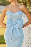 Mermaid Strapless Blue Prom Dress With Bow