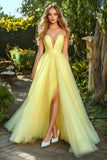 Strapless Daffodil A Line Tulle Prom Dress With Slit