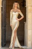 Glitter Off The Shoulder Mermaid Champagne Prom Dress