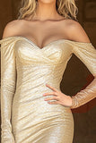 Glitter Off The Shoulder Mermaid Champagne Prom Dress