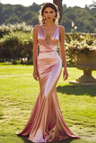 Mermaid Pink Satin V Neck Prom Dress