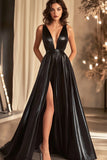 Black A Line Satin Prom Dress with Slit