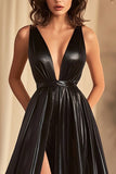 Black A Line Satin Prom Dress with Slit