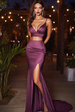 Mermaid Plum Spaghetti Straps Prom Dress With Slit