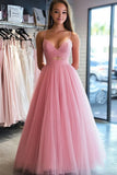 A Line Pink Tulle Spaghetti Straps Long Prom Dress