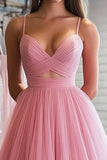 A Line Pink Tulle Spaghetti Straps Long Prom Dress