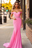 Off The Shoulder Mermaid Pink Ruched Prom Dress