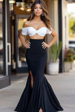 Off The Shoulder Black Mermaid Prom Dress with Slit