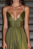 A Line Olive Satin Pleated Prom Dress