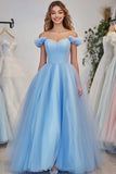 Off The Shoulder A Line Blue Tulle Prom Dress
