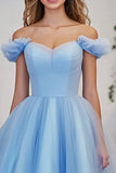 Off The Shoulder A Line Blue Tulle Prom Dress