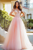 Off The Shoulder A Line Pink Prom Dress with Appliques