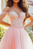 Off The Shoulder A Line Pink Prom Dress with Appliques