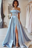 Off The Shoulder A Line Blue Prom Dress with Slit