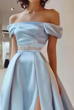 Off The Shoulder A Line Blue Prom Dress with Slit