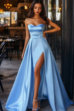 Strapless A Line Blue Prom Dress with Slit