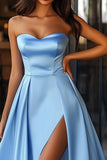 Strapless A Line Blue Prom Dress with Slit