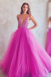 Hot Pink A Line Tulle Appliqued Prom Dress