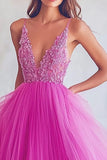 Hot Pink A Line Tulle Appliqued Prom Dress