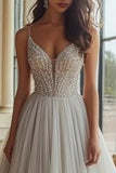 Grey A Line Tulle Prom Dress With Beading