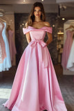 Off The Shoulder A Line Pink Satin Prom Dress
